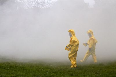 Critical Art Ensemble in Halle/Saale, Germany performing "Radiation Burn: A Temporary Monument to Public Safety", October 15th 2010.